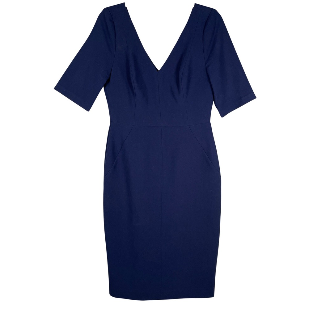 Black Halo Sheath Dress Women 10 Navy Blue Good V-Neck Short Sleeve Career
